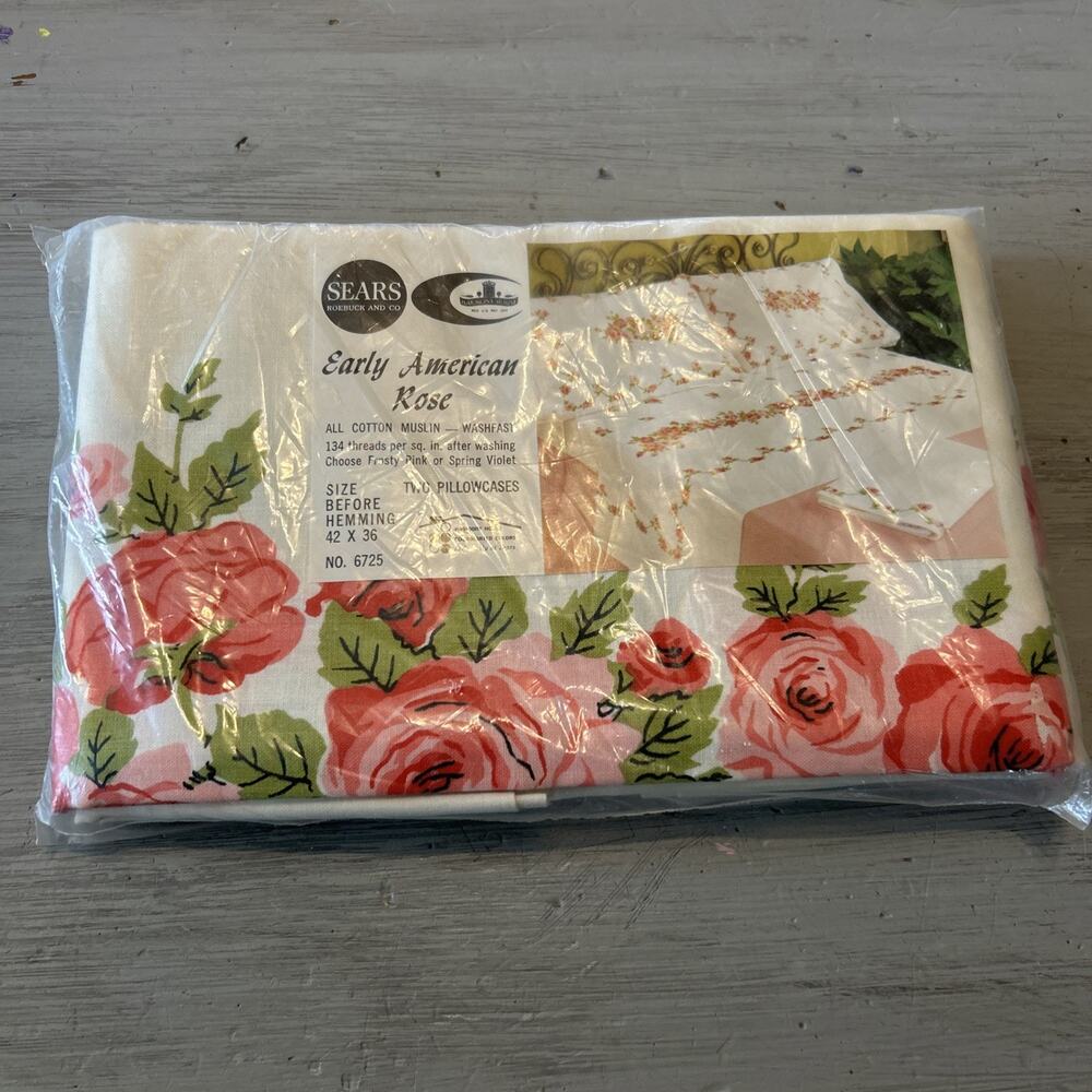 NOS Vtg Sears Early American Pink Rose Pillow Case Set Cottage Coquette